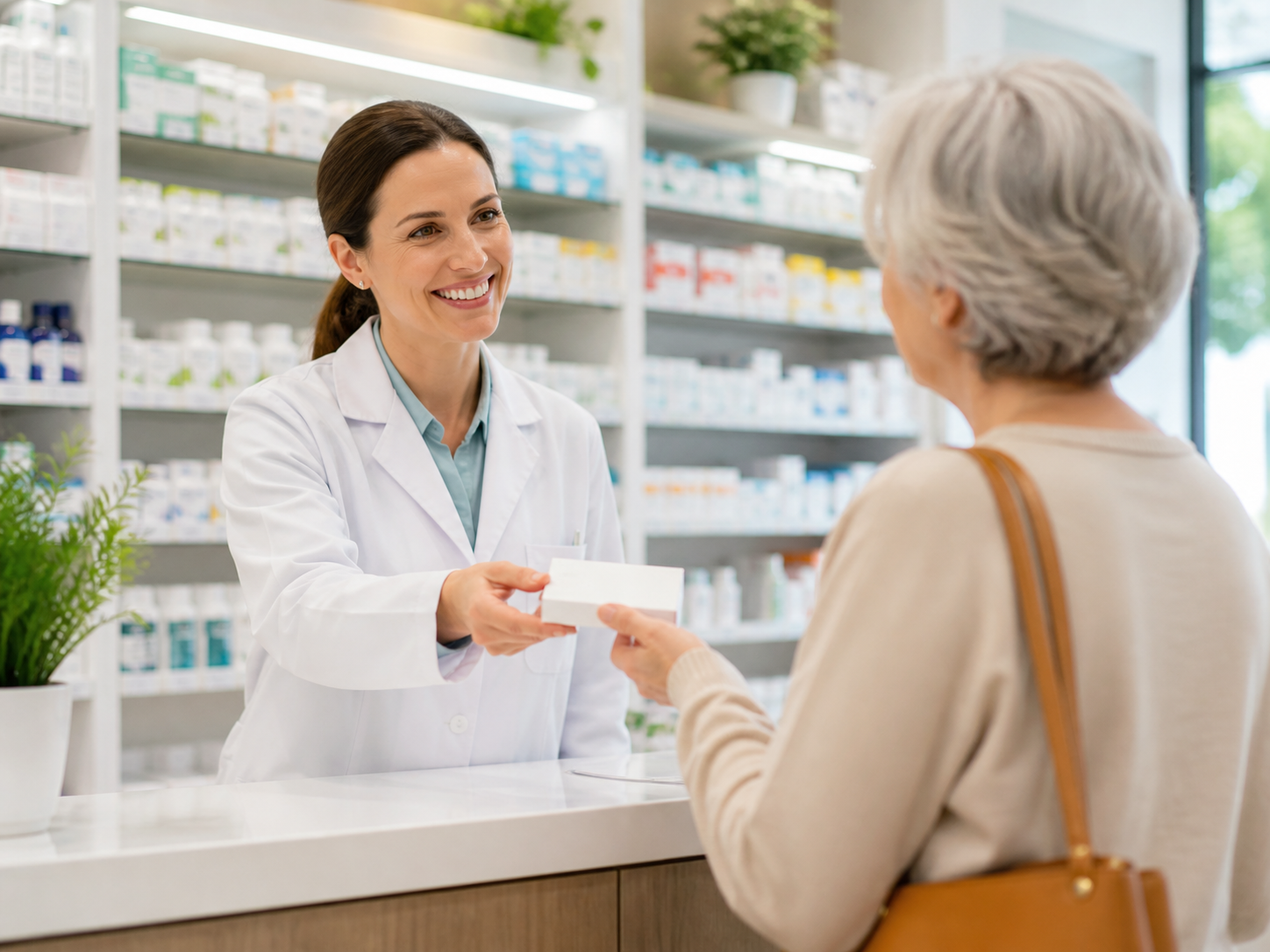Farmaceutica entregando medicamento a paciente