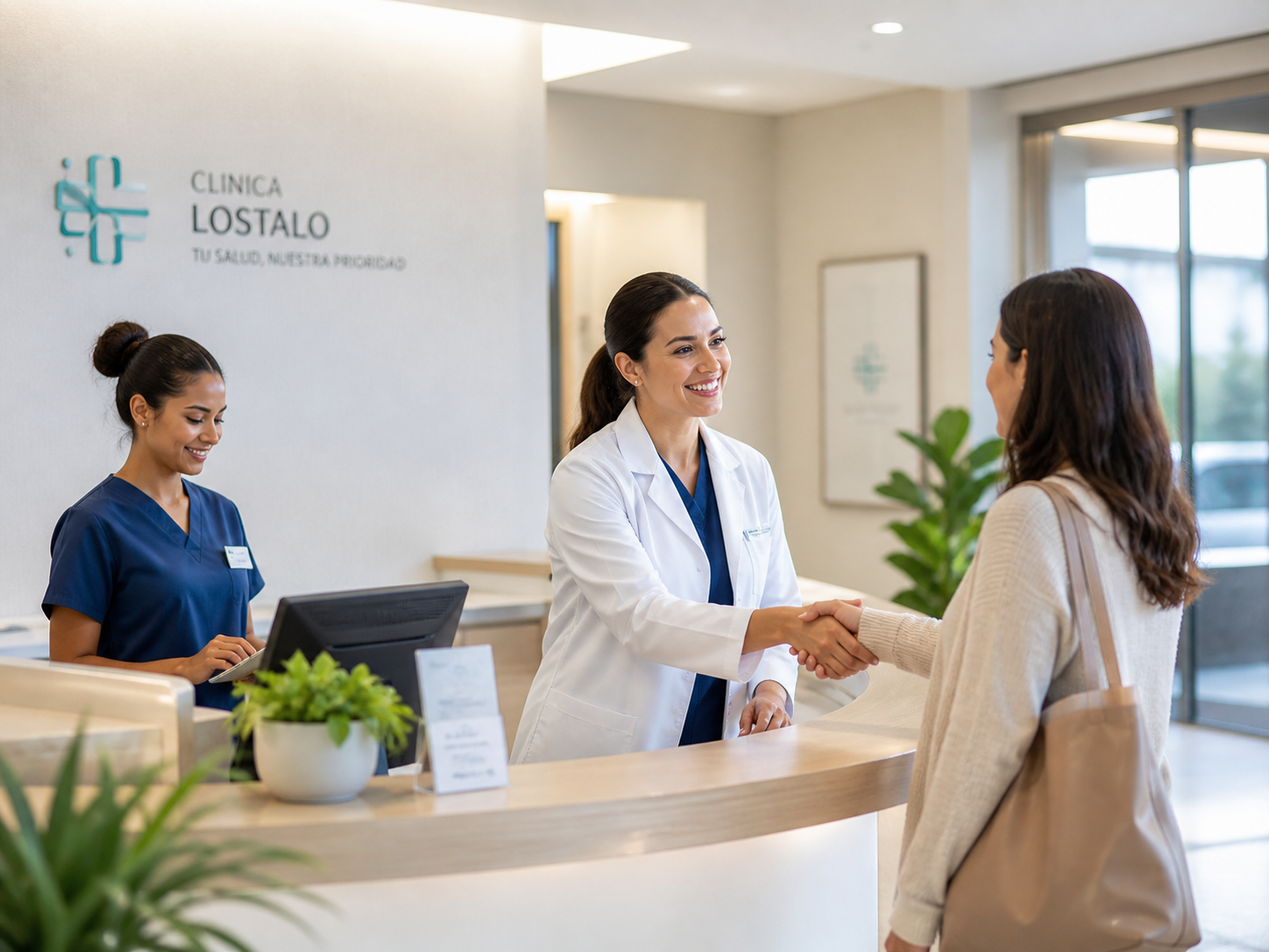 Recepcion de Clinica Lostalo con personal sonriendo